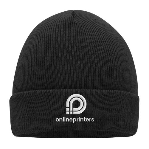 Black knitted hat made of soft material.