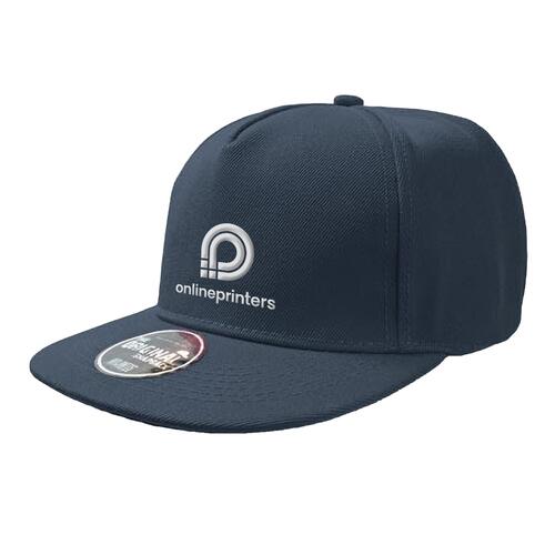Navy fabric cap with flat brim and adjustable closure.