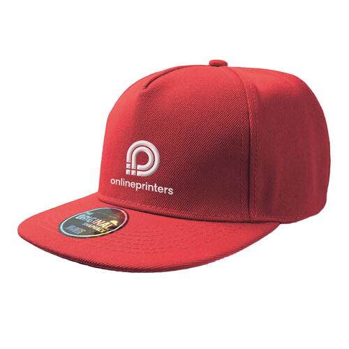 Red fabric cap with flat brim and adjustable closure.