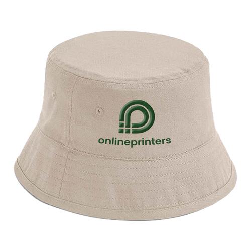 Beige fabric bucket hat.