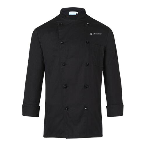 Black fabric chef jacket with long sleeves and buttons.