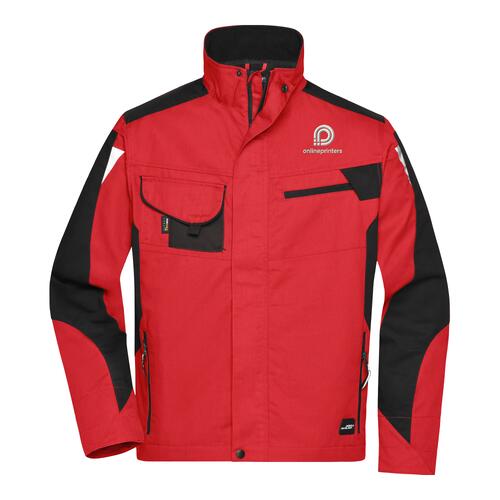 Red polyester-cotton blend work jacket with zipper and multiple pockets.