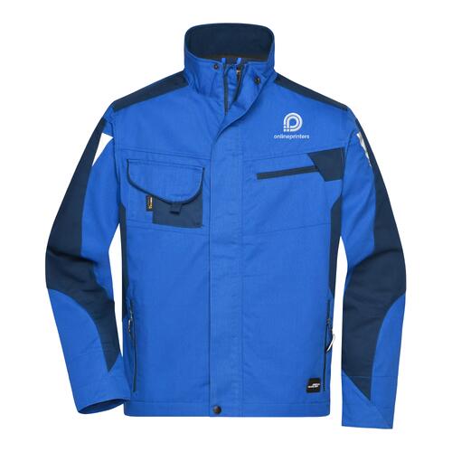 Blue polyester-cotton work jacket, unisex, with zipper and multiple pockets.
