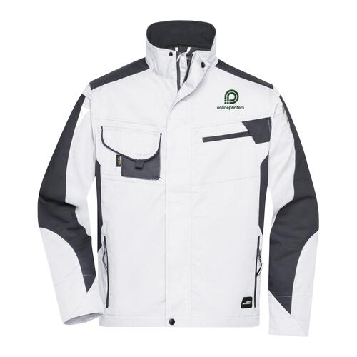 White and gray polyester-cotton work jacket in a unisex design with multiple pockets.