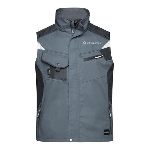 Dark gray polyester-cotton blend work vest with multiple pockets and zipper.