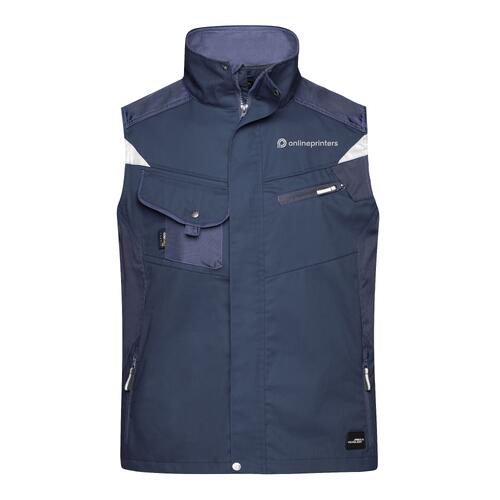 Navy blue work vest in a polyester-cotton blend with full zipper and multiple pockets.