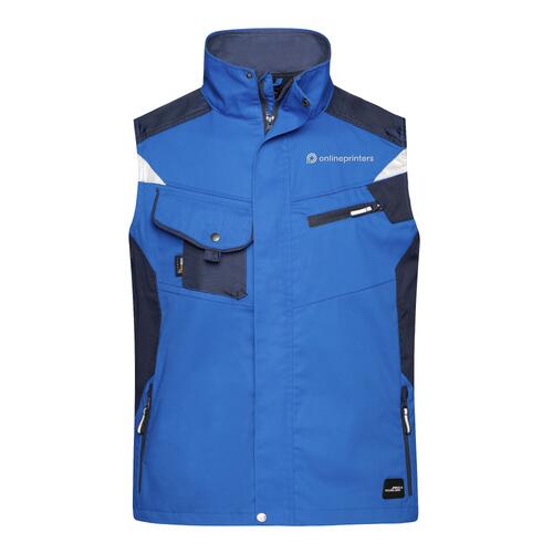 Blue polyester-cotton blend work vest with multiple pockets.