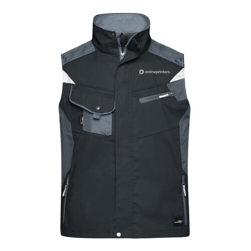 Black and grey polyester-cotton work vest with multiple pockets.