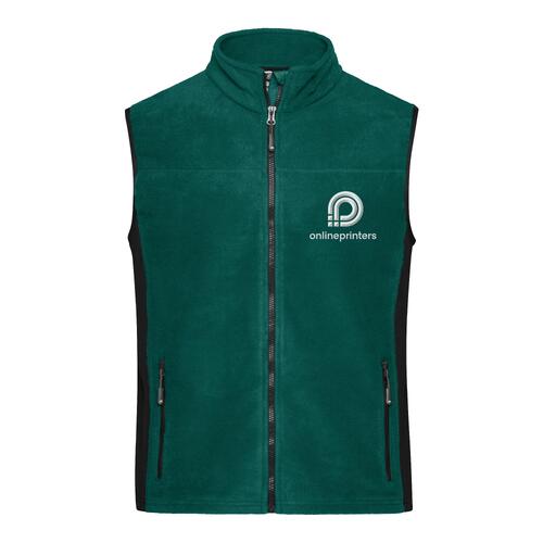 Dark green polyester fleece vest with full zipper and side pockets.