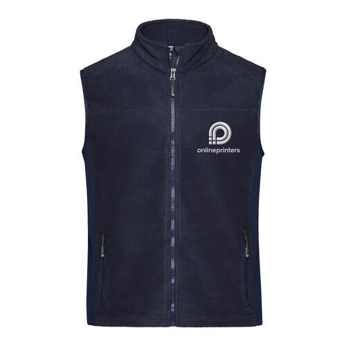 Navy blue polyester fleece vest with full zipper and side pockets.