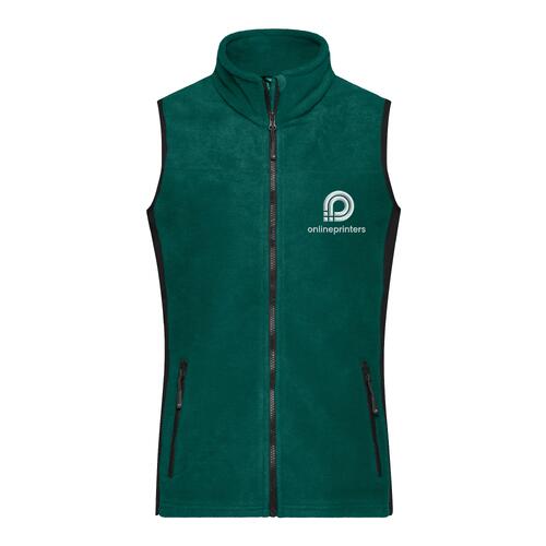 Dark green polyester fleece vest with full zipper and pockets.