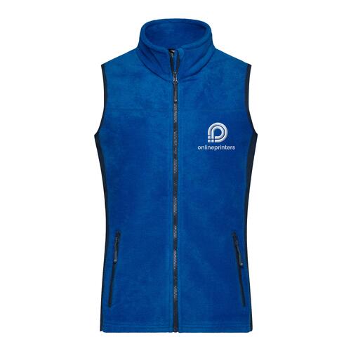 Blue polyester fleece vest for women with full zipper and pockets.