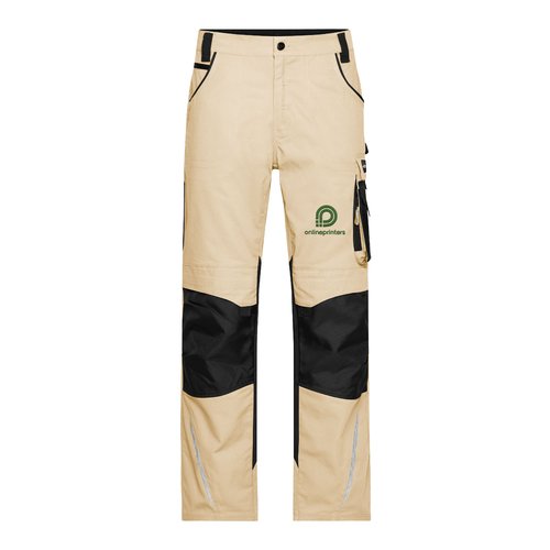 Beige/black work trousers in polyester-cotton blend with multiple pockets.