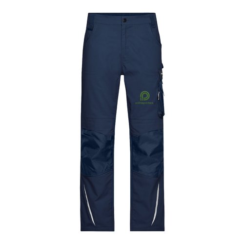 Navy-blue polyester-cotton work trousers with multiple pockets.