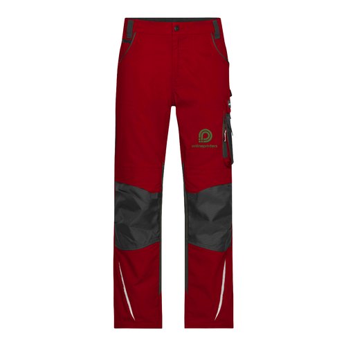 Red work trousers in polyester-cotton blend with pockets.