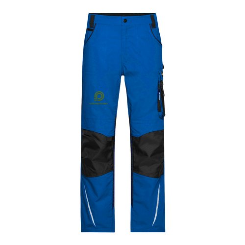 Blue work trousers in polyester-cotton blend with pockets.