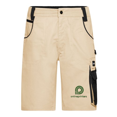 Beige/black work shorts made of polyester-cotton blend with multiple pockets.