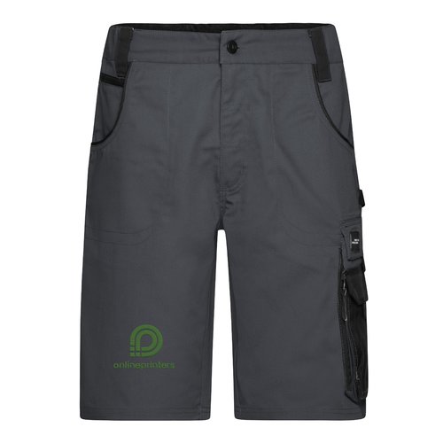 Dark gray polyester-cotton blend work shorts with multiple pockets.