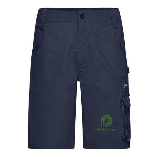 Navy blue work shorts made of polyester-cotton blend with multiple pockets.