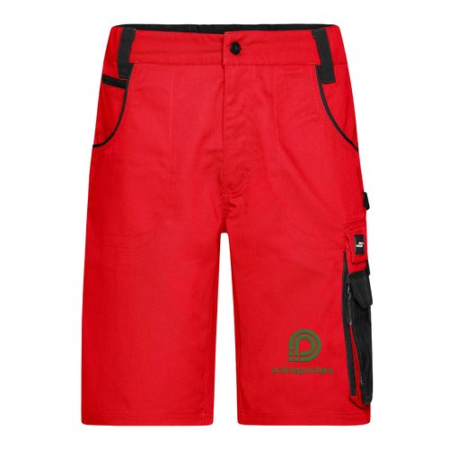 Red polyester-cotton work shorts with pockets.