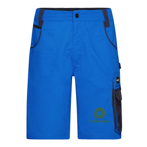 Blue work shorts in polyester-cotton blend with multiple pockets.