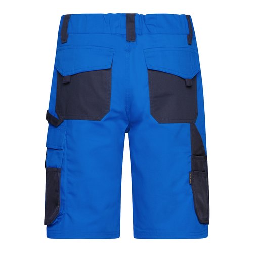 Blue polyester-cotton blend work shorts with multiple pockets.