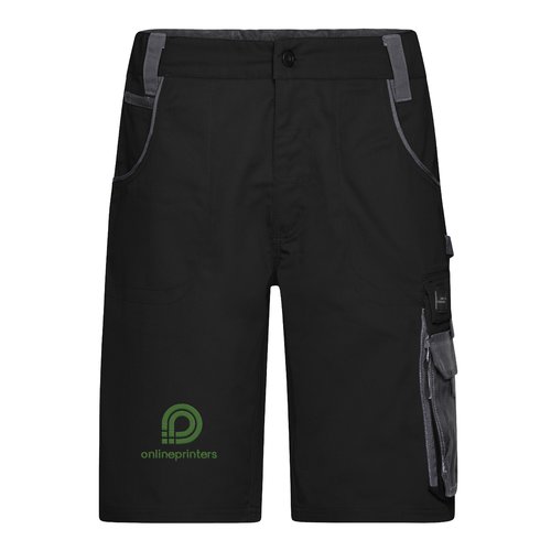 Black and grey work shorts made of polyester-cotton blend with multiple pockets.