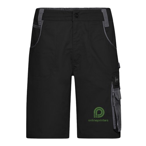 Black and gray polyester-cotton blend work shorts with multiple pockets.
