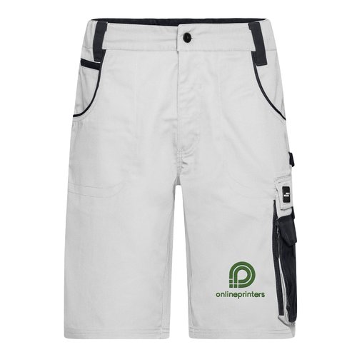 White and gray work shorts made of polyester-cotton blend with multiple pockets.