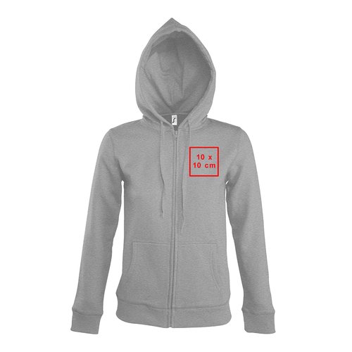 Grey women's sweatshirt jacket with hood and full zipper.
