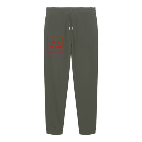 Green fabric jogging pants with elastic waistband and drawstring.
