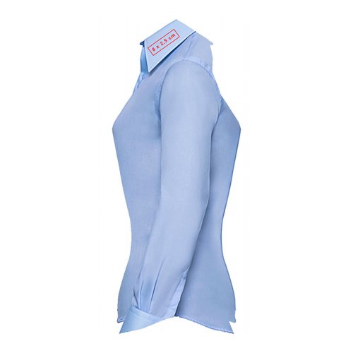 Light blue, long-sleeved shirt with collar for women.