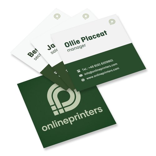 Square paper business cards, printed on both sides.