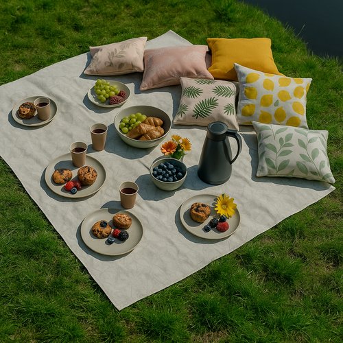 Fabric picnic blanket for outdoor use.