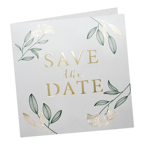 Paper wedding card with partial hot foil stamping.