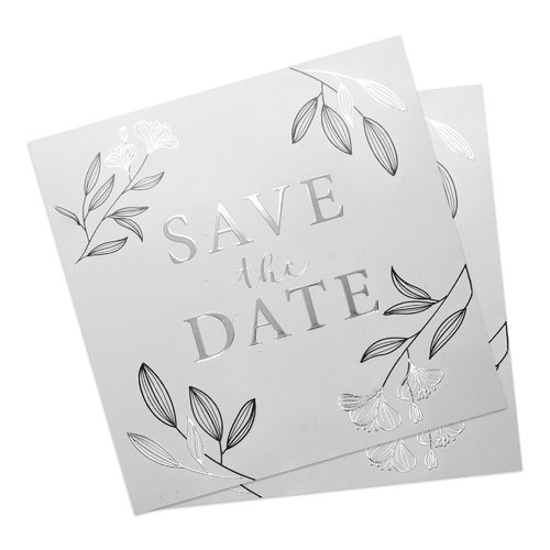 Square paper wedding card with partial hot foil stamping.
