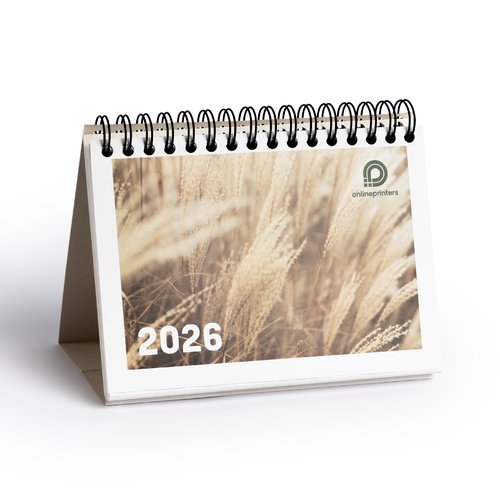 Desk calendar with spiral binding and stand-up base.