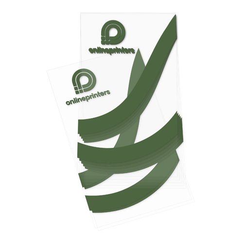 bereinander gestapelte, Etiketten mit grnem Druck auf transparentem Hintergrund