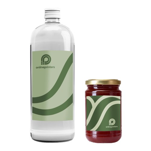 Eine Flasche und ein kleineres Glas jeweils mit einem grnen Etikett beklebt