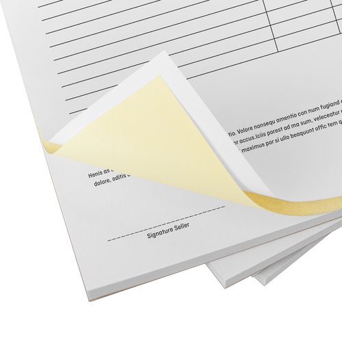 Two carbonless form stacks in landscape format with two-hole punching