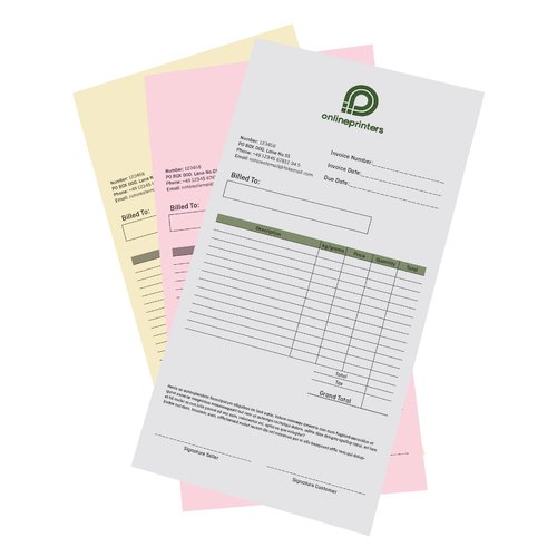 Stacks of carbonless forms in DIN long format with pink, yellow and white paper