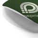 Round promotional sticker with a removable backing.