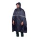 Dark blue plastic rain poncho with hood and reflective stripes.