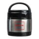 Black and silver stainless steel food container with handle.
