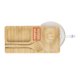 Wooden serving board with recesses for cup and spoon.