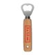 Wooden bottle opener with metal head and hanging hole.