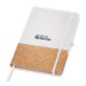 White notebook with cork elements and elastic band.