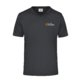 Black polyester V-neck t-shirt with short sleeves.
