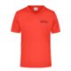 Red polyester V-neck shirt with short sleeves.