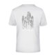 White polyester t-shirt with v-neck and short sleeves.